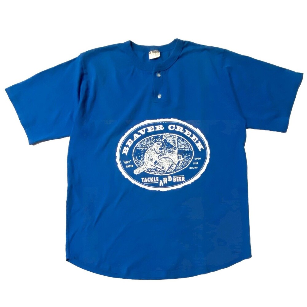 Beaver Creek Henley Y2K Shirt Men 2XL Blue Beer Fishing Graphic Outdoor Logo top